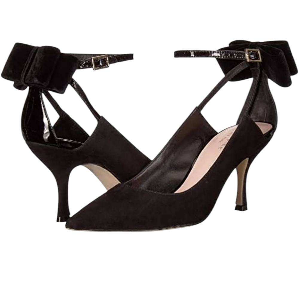 kate spade Black Suede Pointed-Toe Bow Ankle-Strap Heels